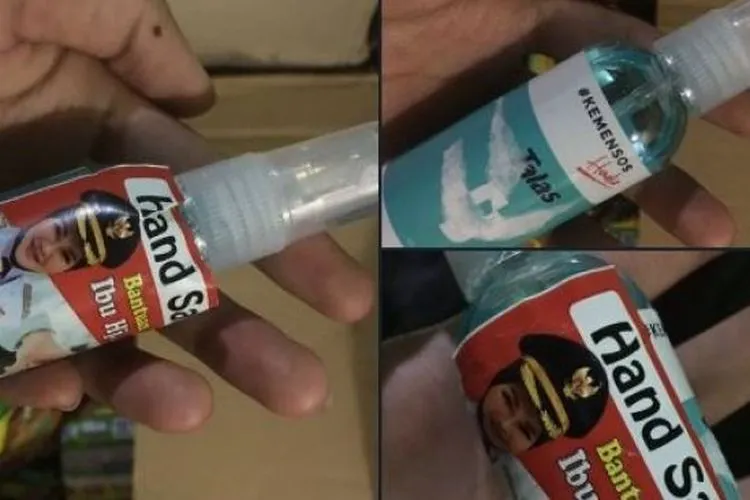 Hand sanitizer dengan stiker Bupati Klaten Sri Mulyani yang merupakan bantuan Kementerian Sosial. (dok Twitter)