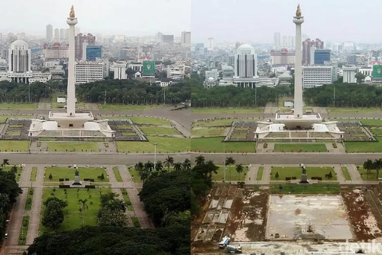 Foto yang menggambarkan suasana Monas sebelum (kiri) dan sesudah proyek revitalisasi dimulai (kanan).  (Rengga Sancaya/Rifkianto Nugroho/detik.com)