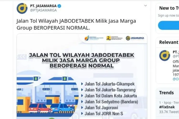 Tangkapan layar cuitan Twitter akun @PTJASAMARGA. [Twitter]