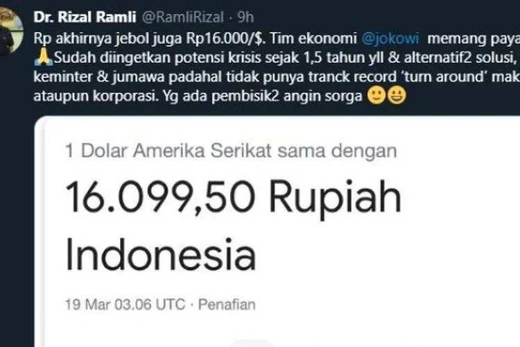 Cuitan Rizal Ramli soal anjloknya rupiah terhadap dolar. (Twitter/@RamliRizal)
