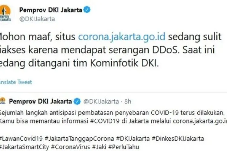 Pemerintah Provinsi Jakarta, via Twitter, Kamis (12/3/2020), mengumumkan situs berisi informasi soal virus corona miliknya lumpuh karena terkena serangan hacker. [Twitter/DKIJakarta]