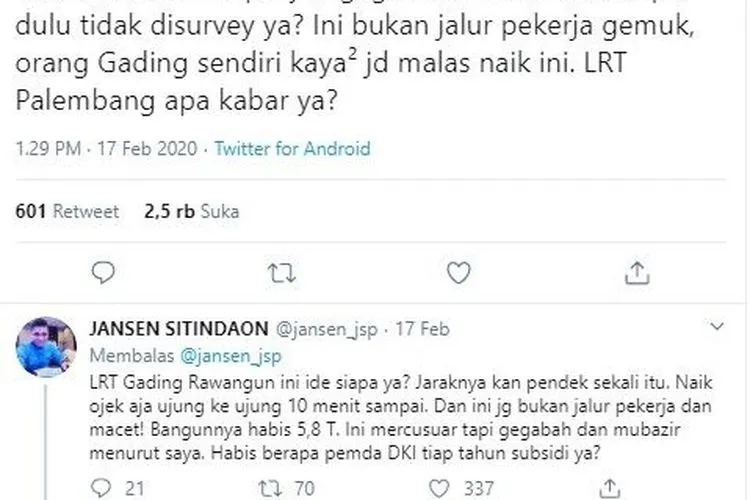 Jansen Sitindaon kritisi LRT Jakarta yang sepi penumpang (Twitter/jansen_jsp).
