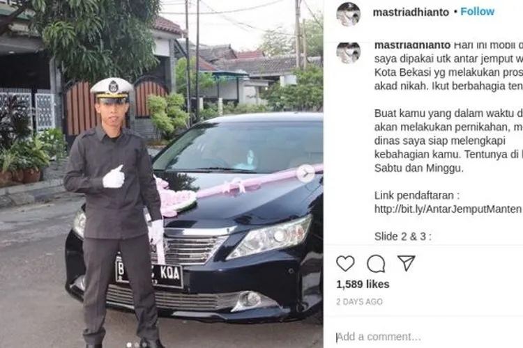 Wakil Wali Kota Bekasi Tri Adhianto meminjamkan mobil mewahnya untuk warga Bekasi yang menggelar acara pernikahan. (dok @mastriadhianto)