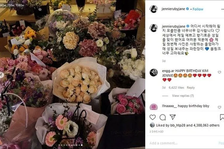 Ulang Tahun, Jennie BLACKPINK Dihadiahi Vas Bunga Seharga Rp67 Juta (Instagram/@jennierubyjane)