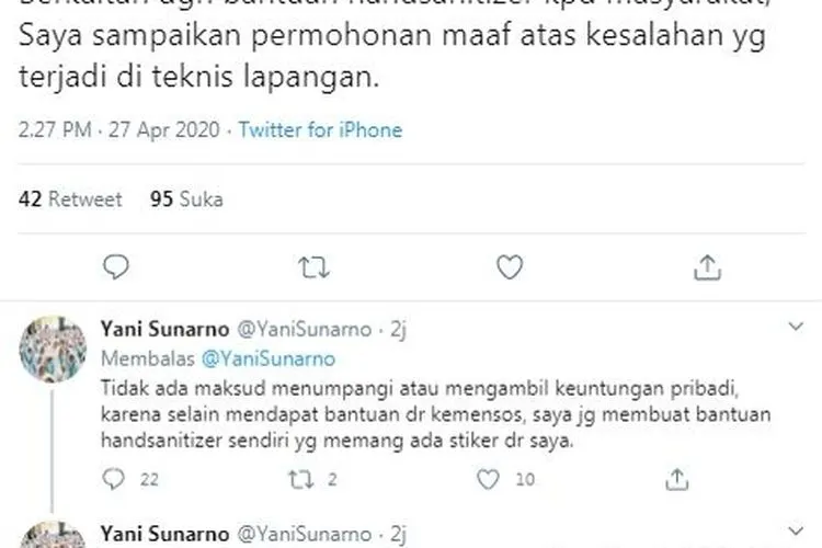 Permohonan maaf Bupati Klaten Sri Mulyani disampaikan melalui akun Twitter miliknya @yanisunarno. (dok Twitter)