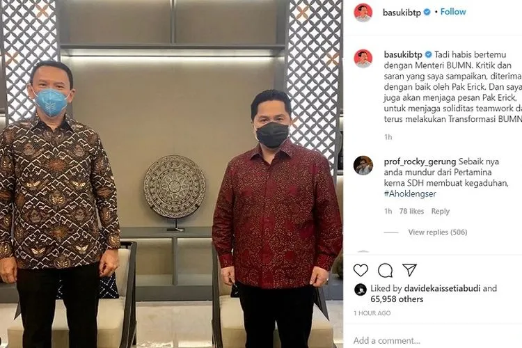 Komisaris Utama PT Pertamina Basuki Tjahaja Purnama alias Ahok ketika bertemu dengan Menteri BUMN Erick Thohir/Instagram basukibtp