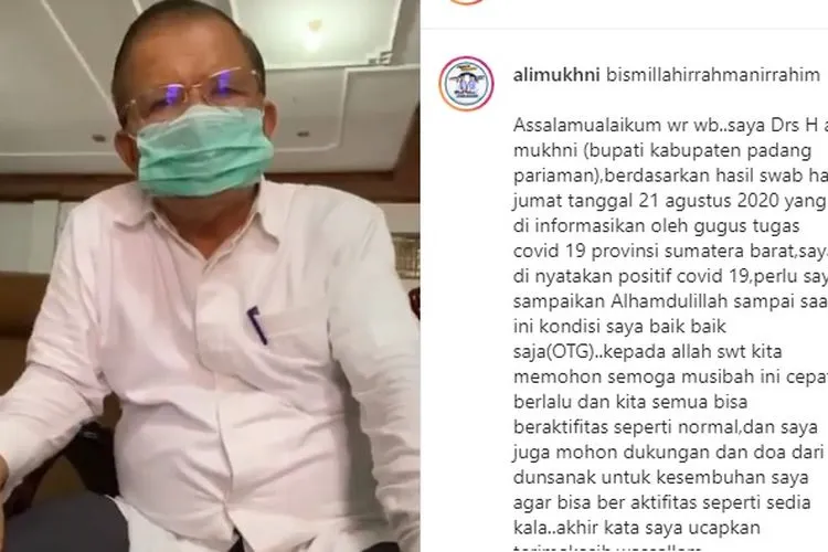 Bupati Padang Pariaman, Sumatera Barat, Ali Mukhni mengumumkan dirinya terjangkit Covid-19 / instagram