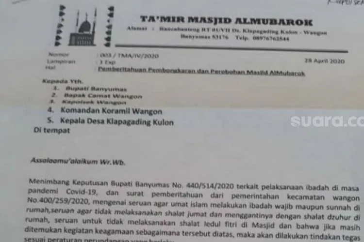 Surat takmir Masjid Al Mubarok di Kecamatan Wangon. (@PolJokesID)/ Suara.com