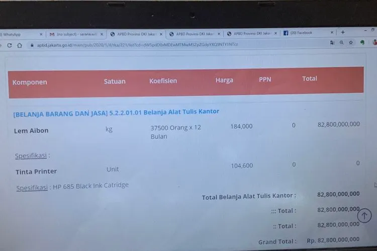 Tangkapan layar dari halaman apbd.jakarta.go.id yang mencantumkan rencana pengadaan lem aibon senilai Rp 82,8 miliar untuk tahun 2020/Twitter @willsarana