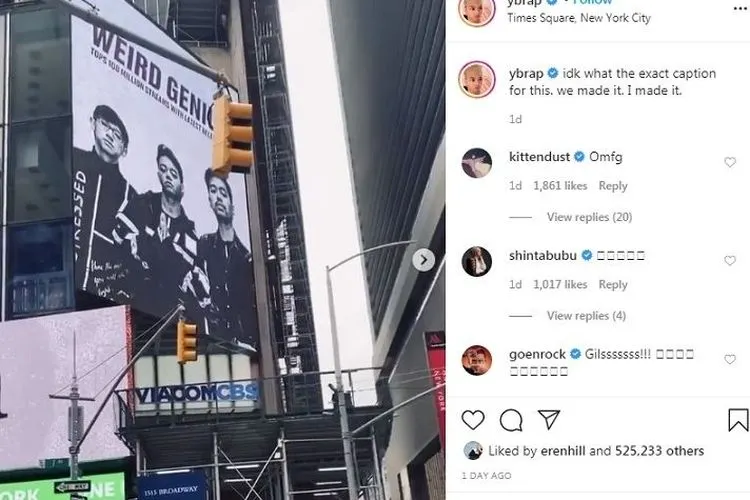 Baliho besar bergambar grup Weird Genius terpampang di Time Square New York [Instagram]