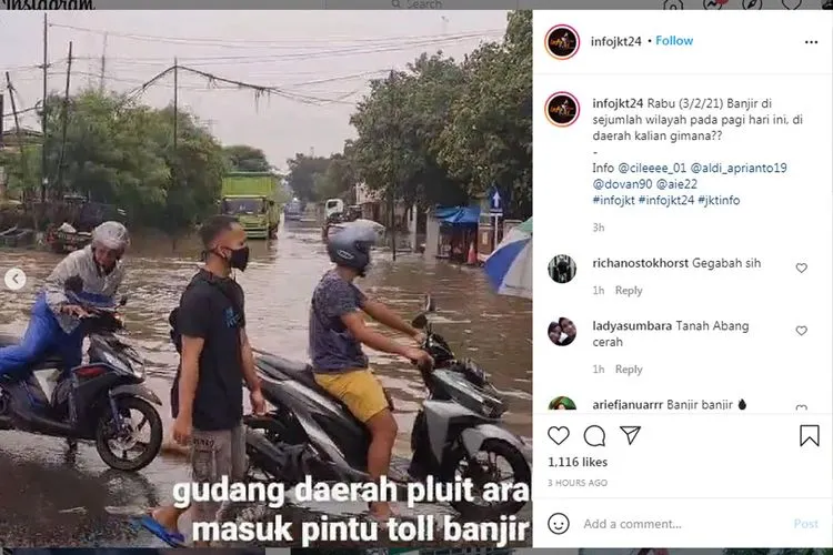 Banjir menggenangi ruas jalan di kawasan Pluit, Jakarta Utara, Rabu pagi/dok: Instagram @infojkt24