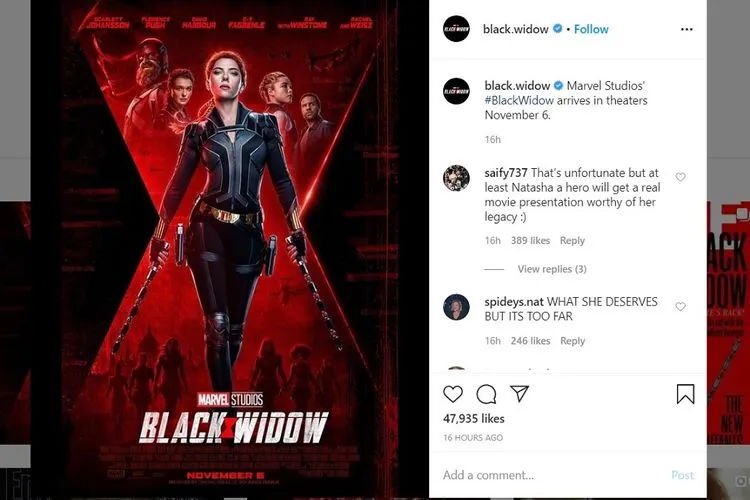 Marvel Studio #BlackWidow tayang di teater 6 November 2020. Instagram: @black.widow