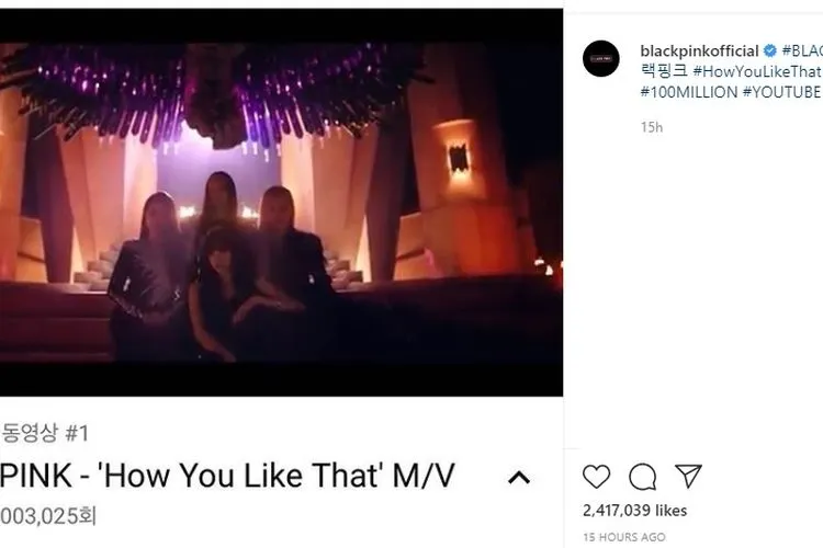 instagram official Black Pink menunjukkan prestasi mereka mendapatkan 100 juta penonton. instagram: @blackpinkofficial