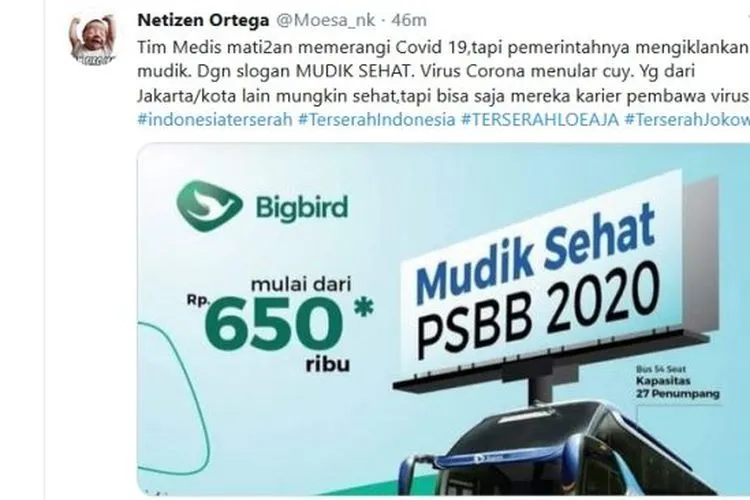 Blue Bird, lewat Bigbird menawarkan program Mudik Sehat PSBB 2020. (Twitter: @Moesa_nk).