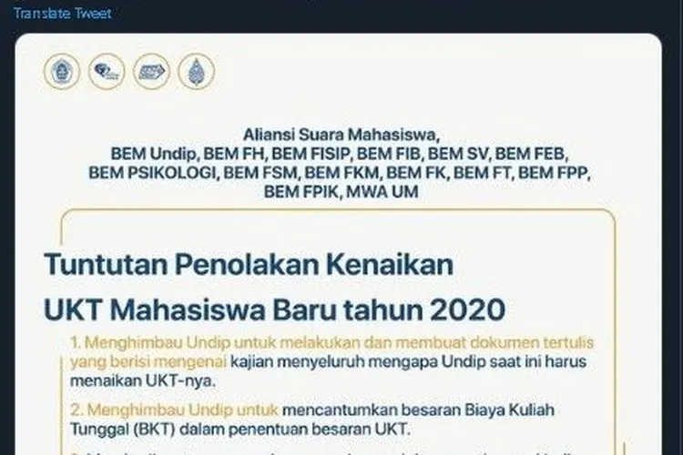 Cuitan BEM Undip di Twitter. (dok)