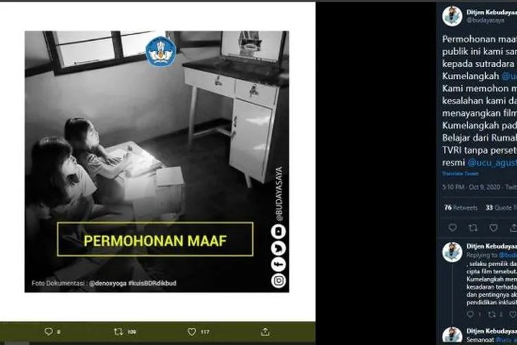 Ditjen Kebudayaan meminta maaf soal penayangan film Sejauh Kumelangkah. (Twitter/@budayasaya)