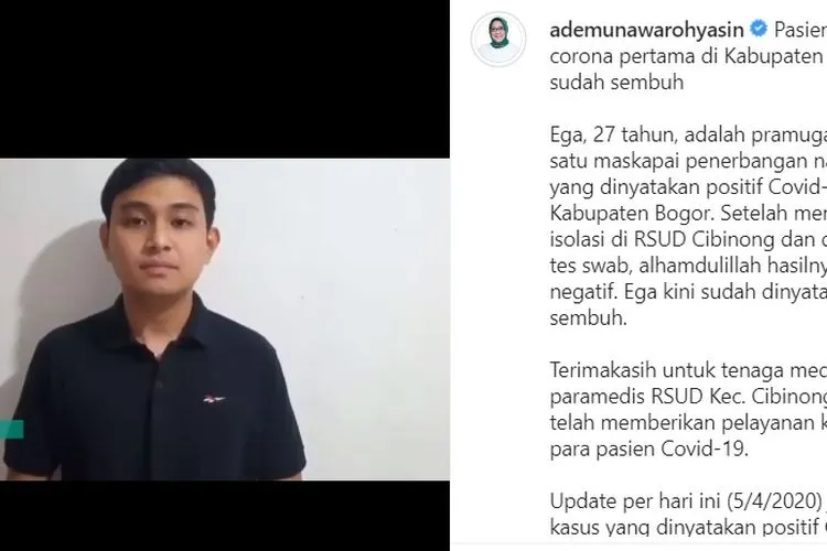 Pemuda yang berprofesi sebagai pramugara, R Ergayanto alais Ega (27) asal Kabupaten Bogor dinyatakan sembuh dari Covid-19. instagram: @ademunawarohyasin