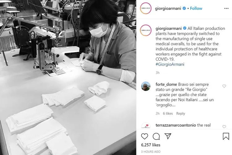 Rumah produksi fesyen mewah Giorgio Armani memproduksi APD untuk tenaga medis. instagram: @giorgioarmani