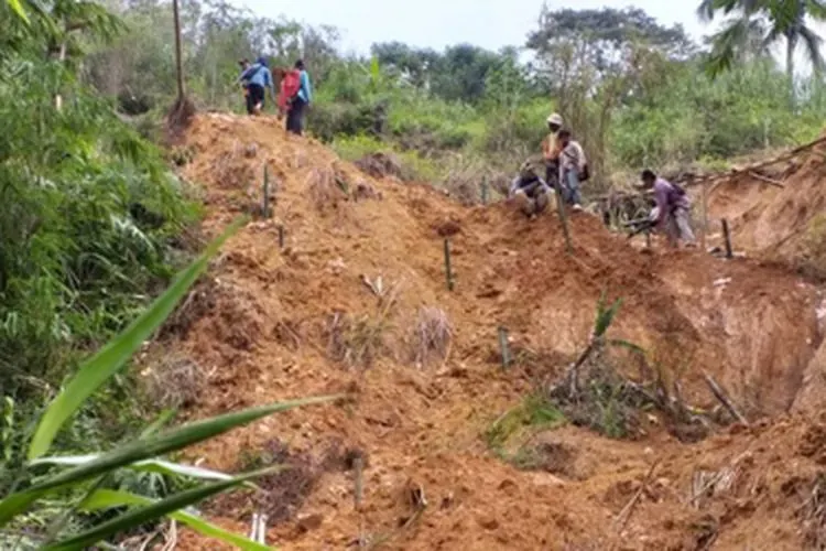 Tim gabungan BPBD, juru pelihara dan warga sekitar situs Gunung Padang di Kecamatan Campaka, Cianjur, Jawa Barat, berusaha membangun pagar bambu untuk menahan tanah dan mencegar terjadinya longsor susulan yang mengacam situs utama/Antara
