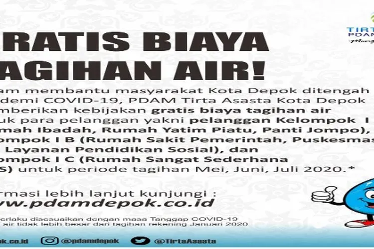 PDAM Tirta Asasta Kota Depok membebaskan tagihan kepada pelanggan golongan 1 selama 3 bulan. (pdamdepok.co.id)