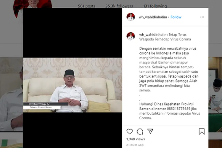 Gubernur Banten Wahidin Halim menyiarkan warganya positif Covid-19 melalui instagram TV melalui akun pribadinya. (instagram: @wh_wahidinhalim)