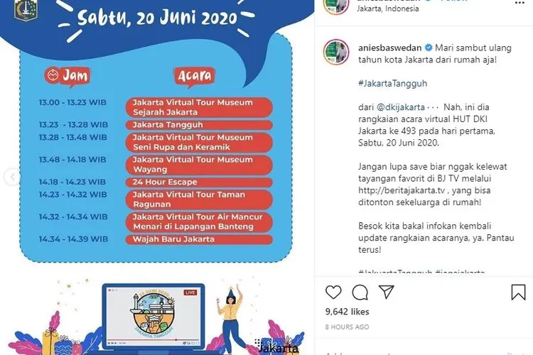 Jadwal rangkaian HUT DKI Jakarta/ instagram: Anies Baswedan