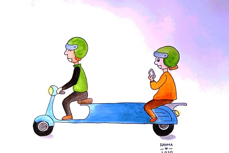 [Ilustrasi] Jaga Jarak saat Naik Ojol (Ayosemarang/Rahma Sekar Aprilia)