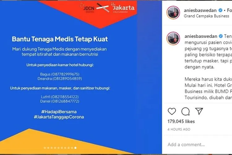 Gubernur DKI Jakarta, Anies Baswedan, mengajak masyarakat berpartisipasi menyumbang berbagai keperluan pekerja medis yang menangani pasien corona di DKI Jakarta. Foto: instagram @aniesbaswedan