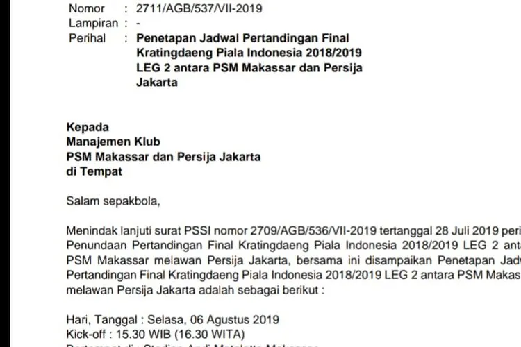 Surat Penetapan Jadwal Pertandingan Persija vs PSM Makassar oleh PSSI