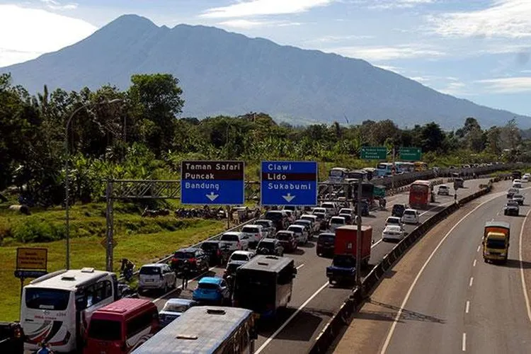 Antrean panjang kendaraan menuju pintu keluar Tol Gadog, Ciawi, Kabupaten Bogor, Jawa Barat, pada musim liburan Natal tahun 2017. (Antara)
