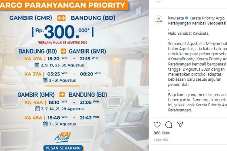 Jadwal KA Parahyangan/ instagram