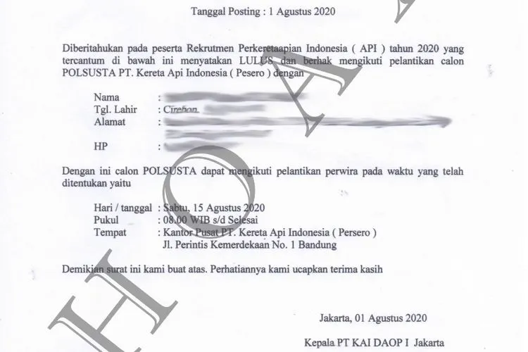 Informasi bohong rekrutmen PT KAI.  (dok KAI)