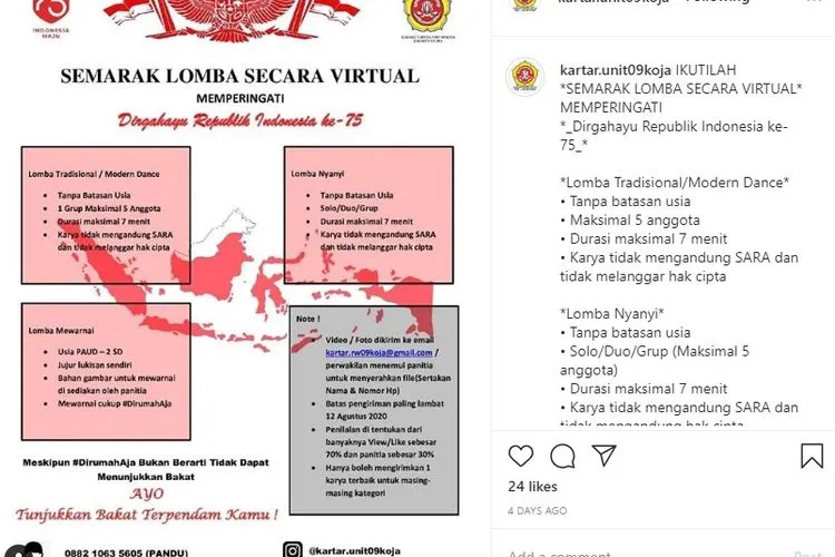Pengumuman lomba 17-an virtual dari Karangtaruna RW 09 Koja/ instagram: @kartar.unit09koja