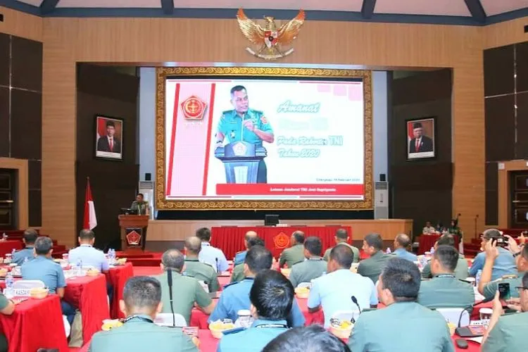 Kepala Staf Umum (Kasum) TNI Letjen TNI Joni Supriyanto membuka secara resmi Rapat Koordinasi (Rakor) Teritorial TNI Tahun Anggaran 2020 di Cilangkap, Jakarta Timur, Selasa (18/2/2020) (Kabidpenum Puspen TNI, Kolonel Sus Taibur Rahman)