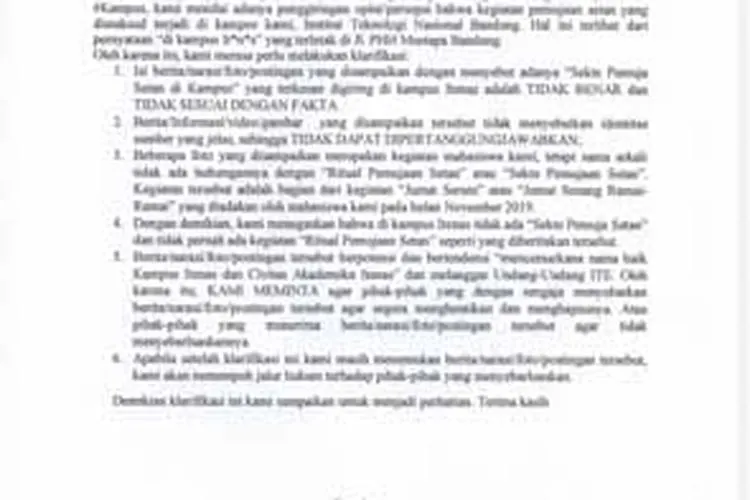 Surat Klarifikasi dari Itenas mengenai banyaknya penyebutan Kampus Pemuja Setan di media sosial terhadap kampus yang berlokasi di Jalan P.H.H. Mustofa. (Istimewa)