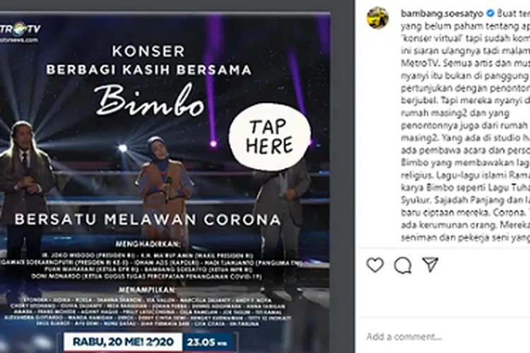 Ketua MPR Bambang Soesatyo saat mengumumkan konser virtual penggalangan dana untuk warga terdampak covid-19. instagram: @bambang.soesatyo