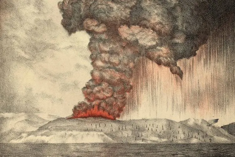 Litografi letusan Krakatau. (Domain Publik/Parker & Coward)