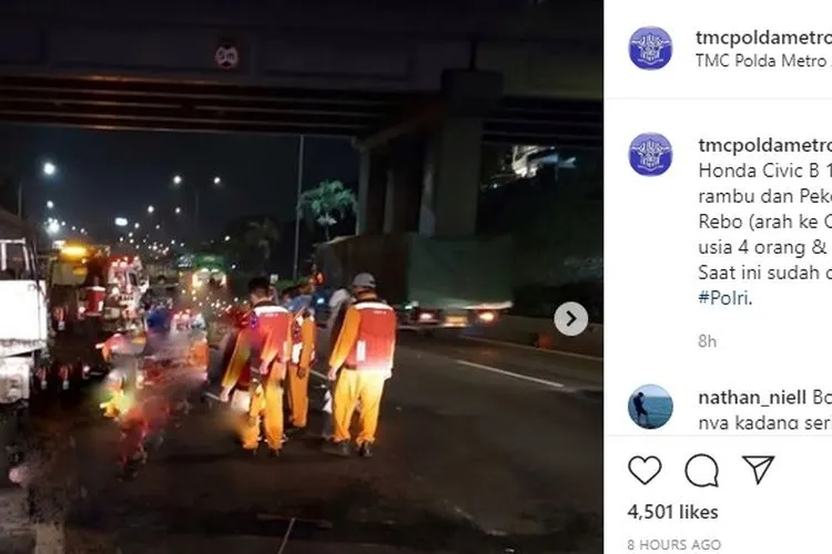 Kecelakaan di Tol JORR tewaskan 4 pekerja jalan tol. instagram: @tmcpoldametro