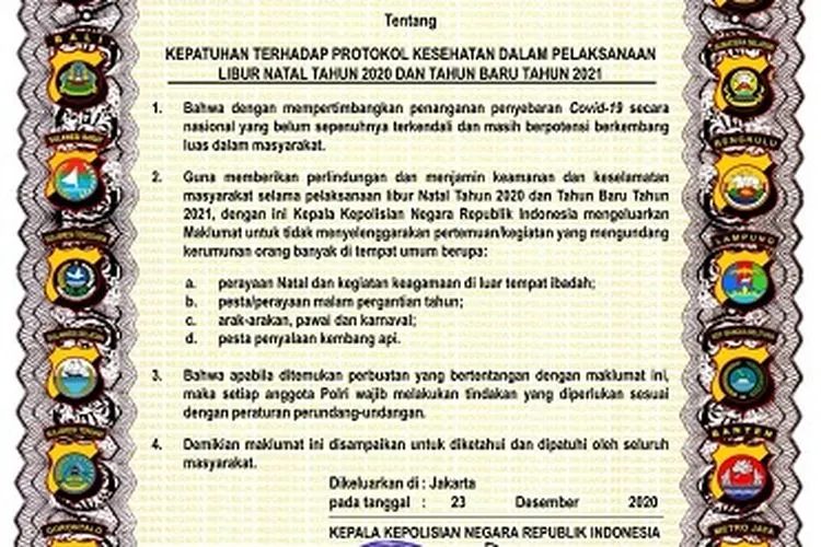 Maklumat Kapolri tentang Kepatuhan Terhadap Protokol Kesehatan Dalam Pelaksanaan Libur Natal Tahun 2020 dan Tahun Baru 2021