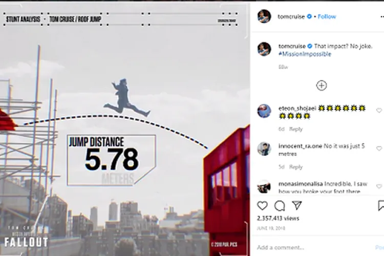 Cuplikan dalam adegan syuting film Mission Impossible 7 yang rencananya tayang Juli tahun ini. (instagram: @tomcruise)
