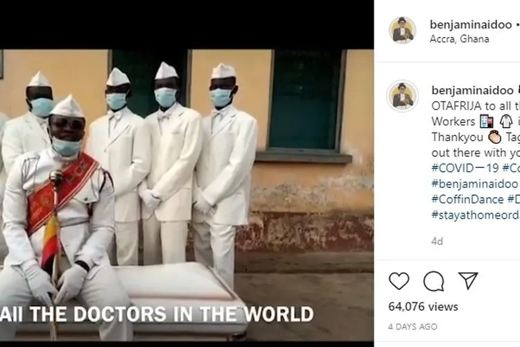 Penari peti mati Ghana memberikan imbauan untuk tetap berada di rumah. (Instagram/@benjaminaidoo)