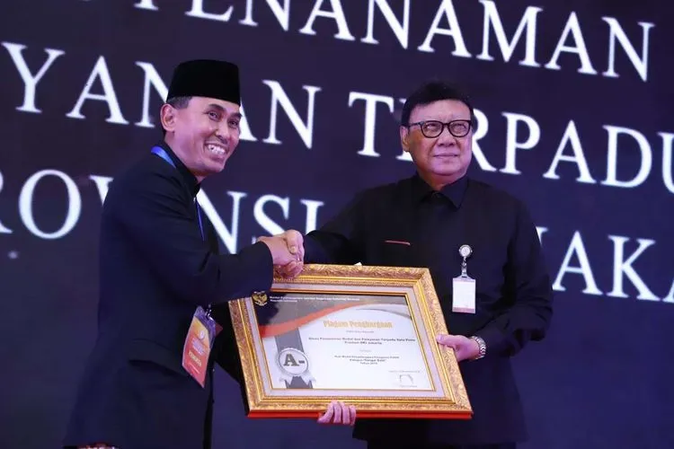 Menteri PANRB Thajo Kumolo menyerahkan Penghargaan Pelayanan Publik kepada Wakil Kepala DPMPTSP Provinsi DKI Jakarta Denny Wahyu Haryanto, Jumat, (22/11/2019)/Media PTSP