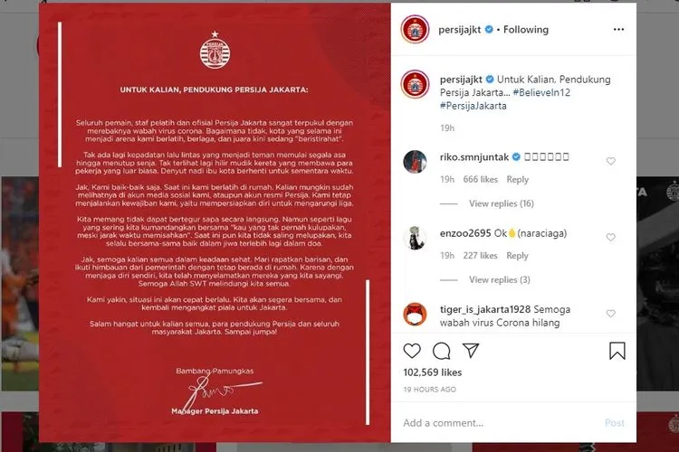 Pengumuman Persija Jakarta soal pandemi corona kepada para penggemarnya. Instagram: @persijajkt