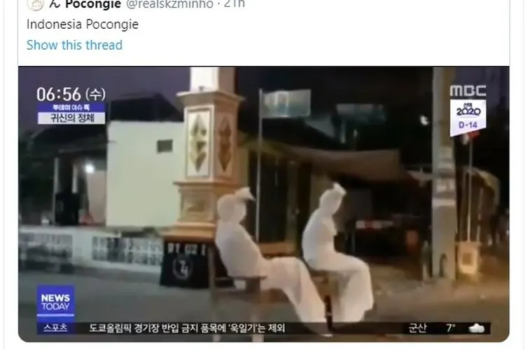 Salah satu warganet menayangkan cuplikan berita pocong yang berjaga di Purworejo untuk menangkal corona. (twitter: @realskzminho)