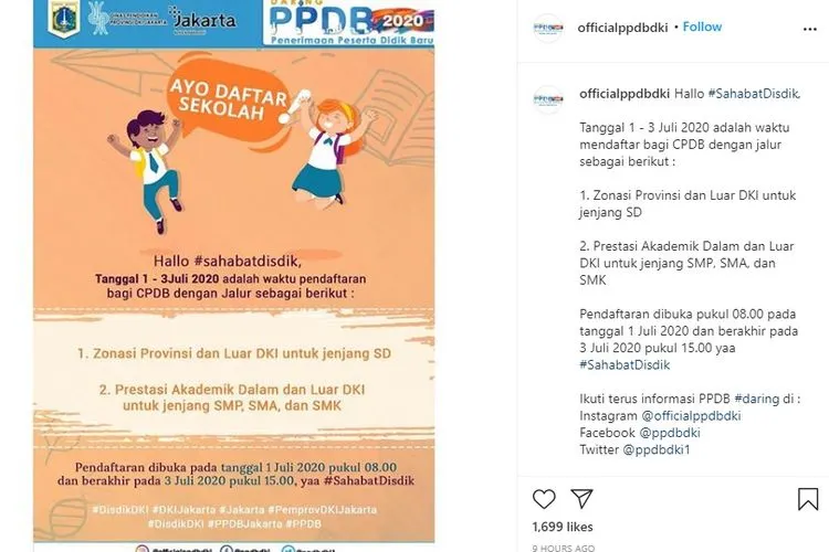 sebagai ilustrasi, pengumuman sistem zonasi dalam PPDB DKI Jakarta/ instagram