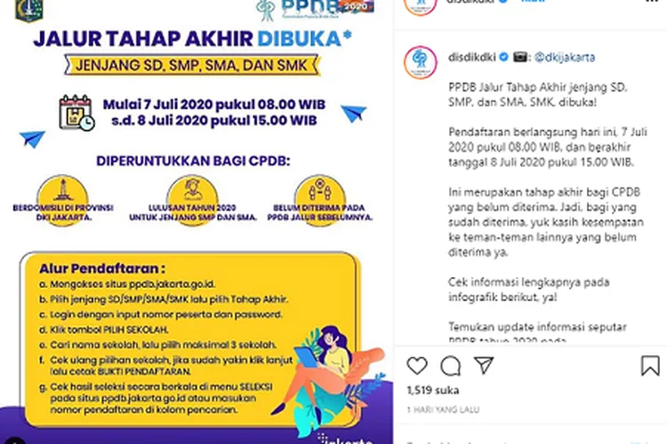 Pengumuman PPDB DKI Jakarta/ instagram: @disdikdki