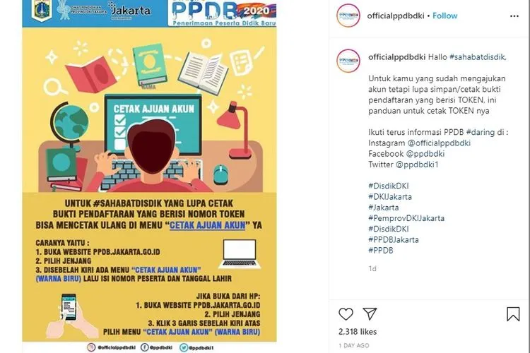 Tangkap layar ulasan cetak token PPDB Online DKI Jakarta 2020. instagram: @officialppdbdki