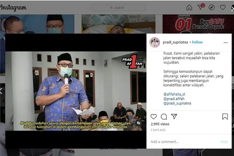 Paslon 01 Pilkada Depok Pradi-Afifah ingin perlebar Jalan Raya Sawangan untuk mengurai kemacetan. (dok Instagram)