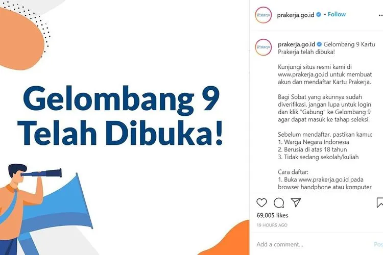 Pengumuman pendaftaran program Kartu Prakerja gelombang 9 di akun Instagram @prakerjagoid (ilustrasi)/Instagram @prakerjagoid