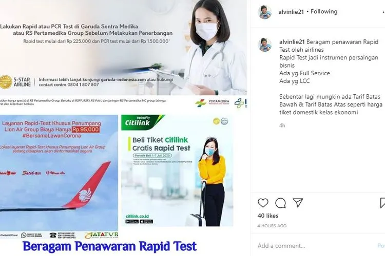 Berbagai tawaran rapid test dengan harga terjangkau untuk bisa melakukan penerbangan/ instagram: @alvinlie21